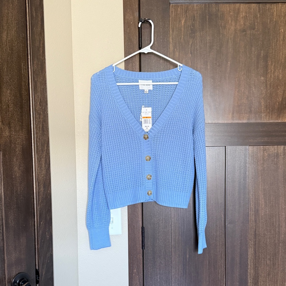 Pink Rose Women’s Blue Button Down Crop Cardigan Sweater Size Small NWT
